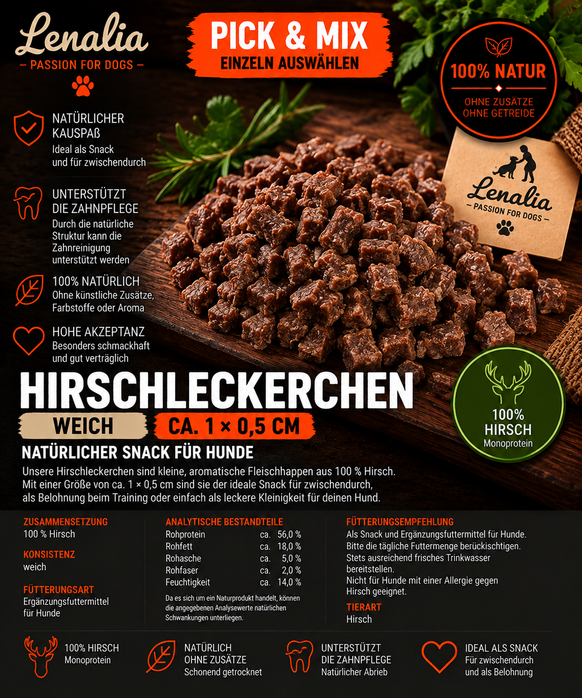 Hirsch-Leckerchen weich ca. 1 × 0,5 cm – natürlicher Hundesnack