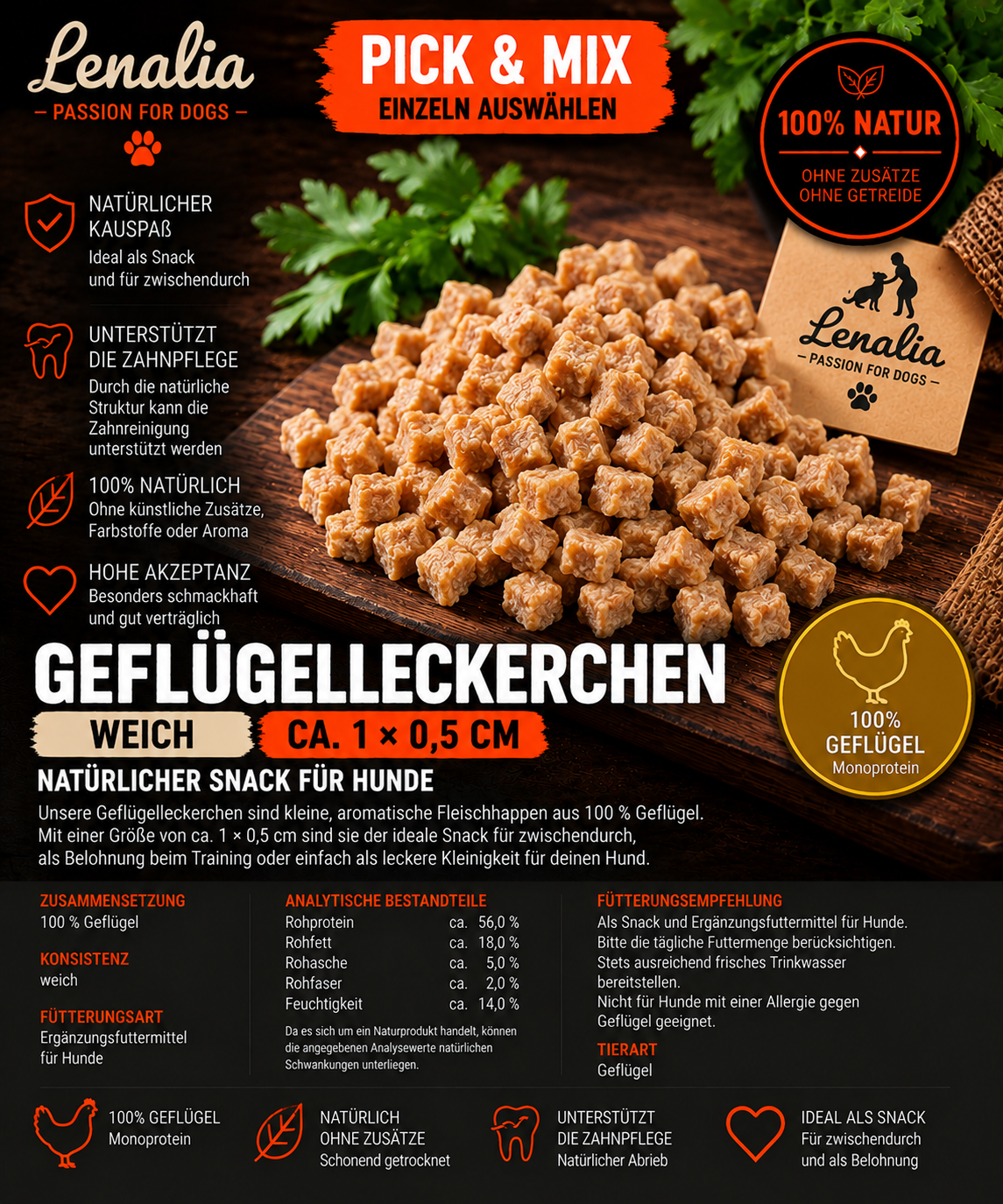 Geflügelleckerchen weich ca. 1 × 0,5 cm – natürlicher Hundesnack