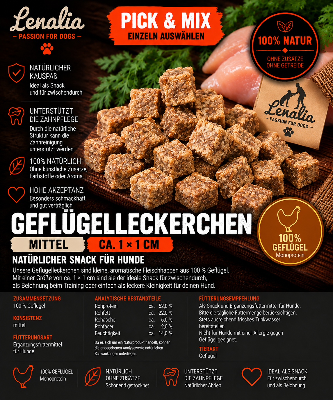 Geflügelleckerchen ca. 1 × 1 cm – natürlicher Hundesnack