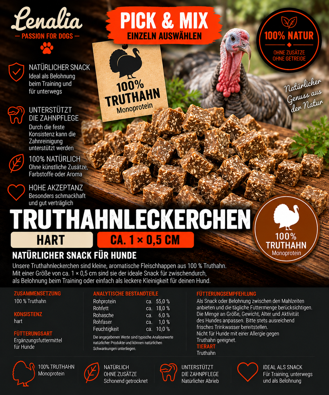 Truthahnleckerchen 100 % Truthahn ca. 1 × 0,5 cm – hart & natürlich