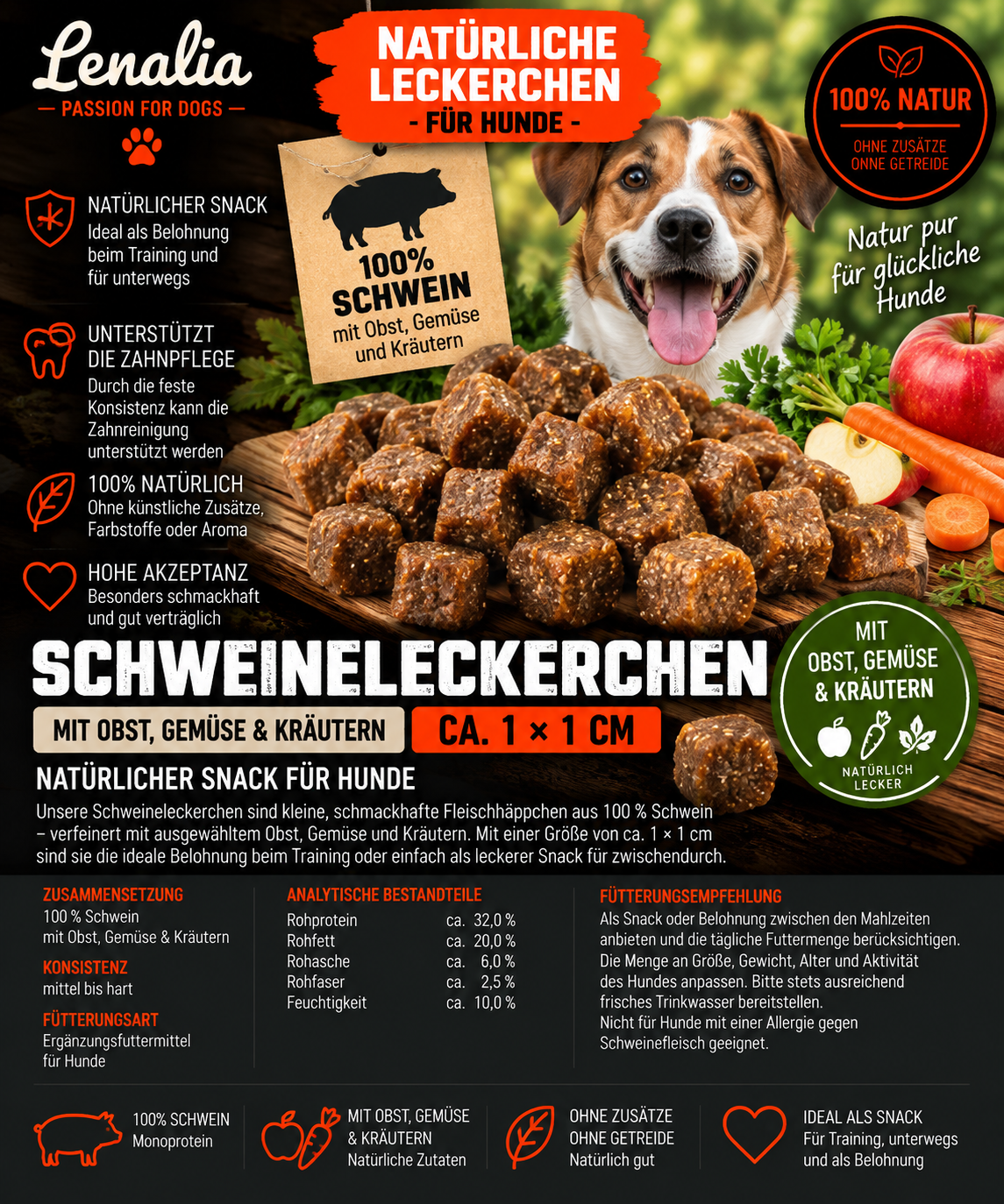 Schweineleckerchen mit Obst, Gemüse & Kräutern ca. 1 × 1 cm – mittel bis hart