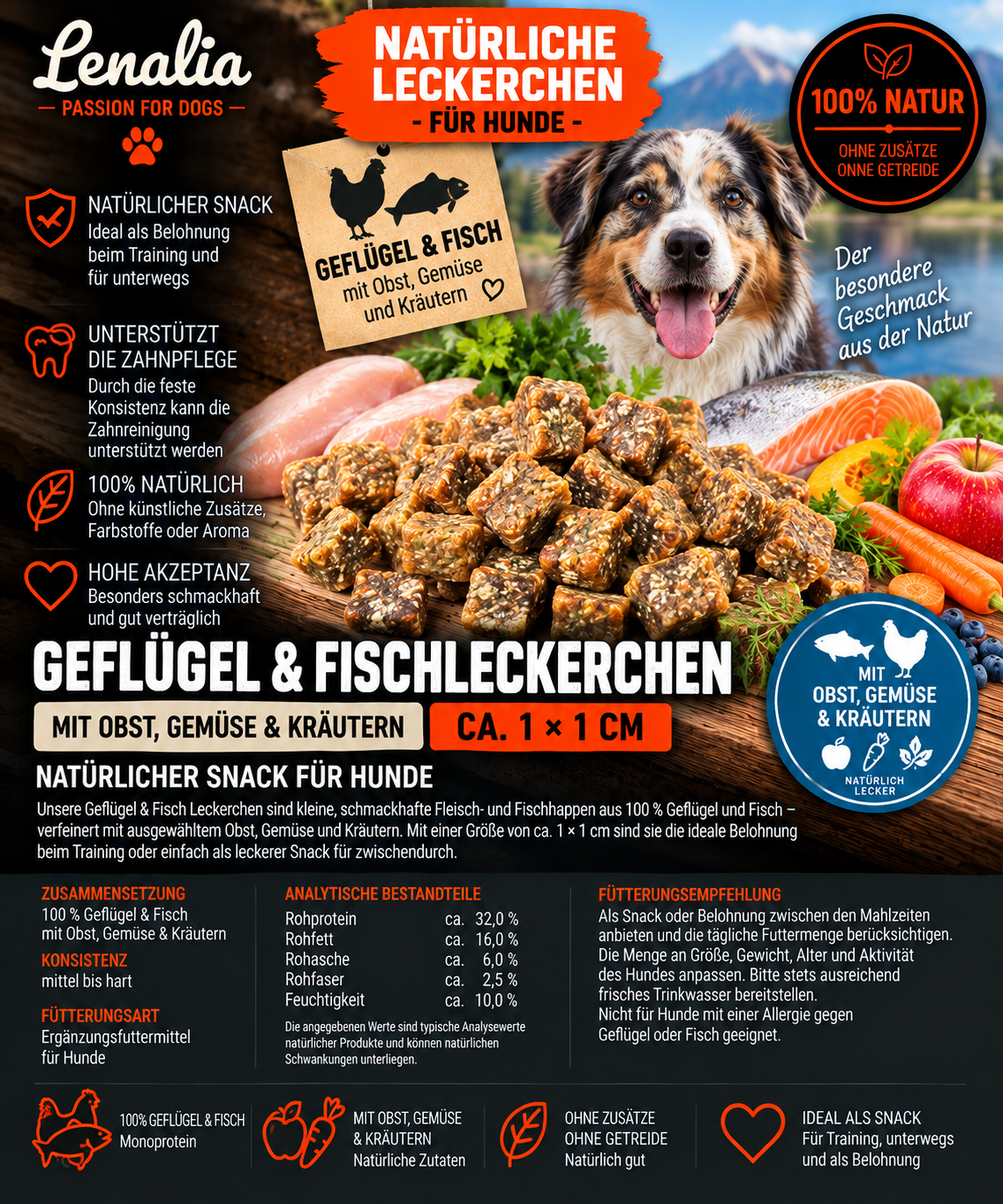 Geflügel & Fisch Leckerchen mit Obst, Gemüse & Kräutern ca. 1 × 1 cm – mittel bis hart