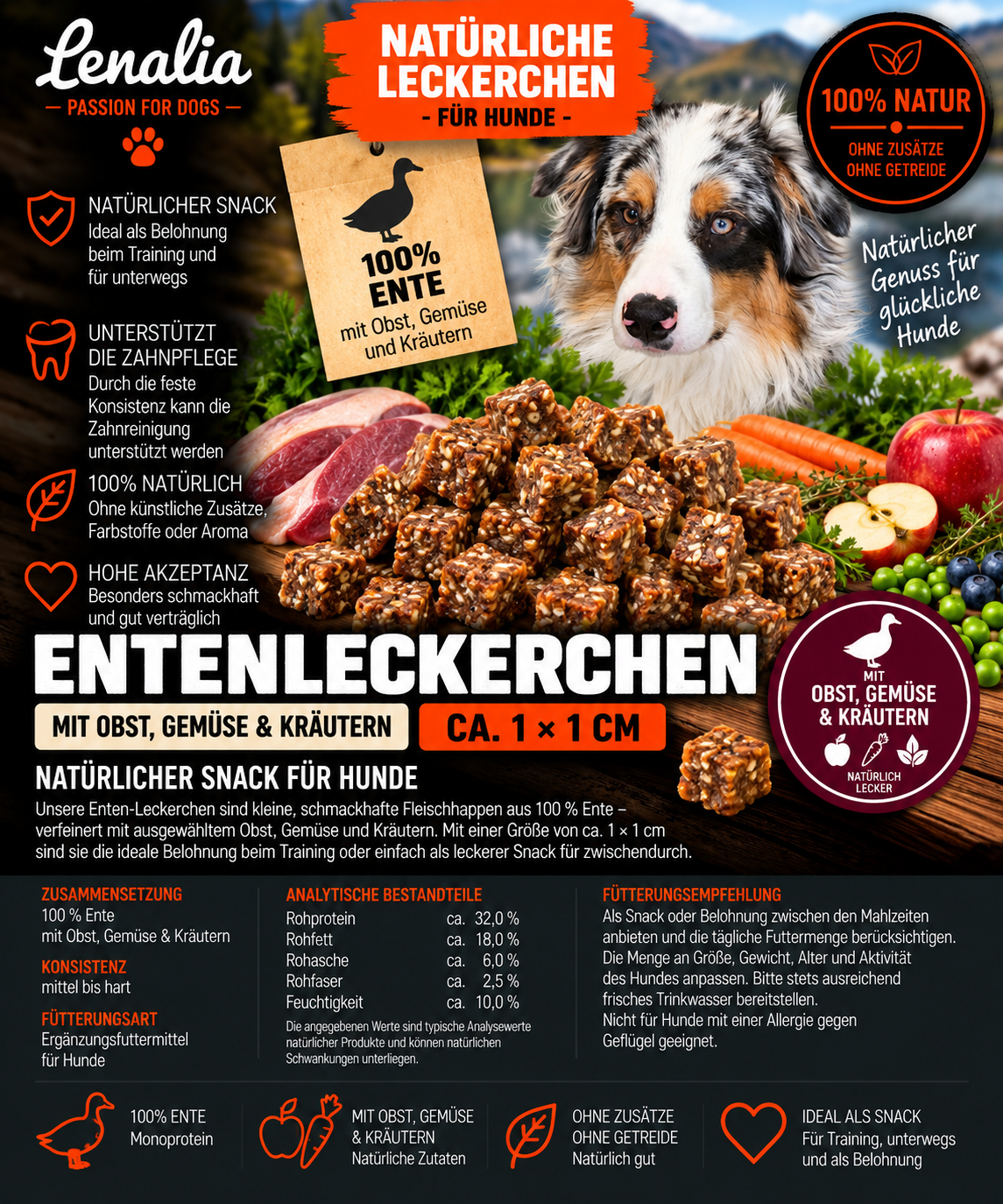 Entenleckerchen mit Obst, Gemüse & Kräutern ca. 1 × 1 cm – mittel bis hart 50g