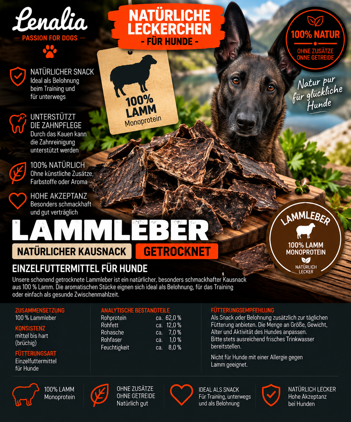 Lammleber getrocknet – 100 % Lamm, natürlicher Snack für Hunde