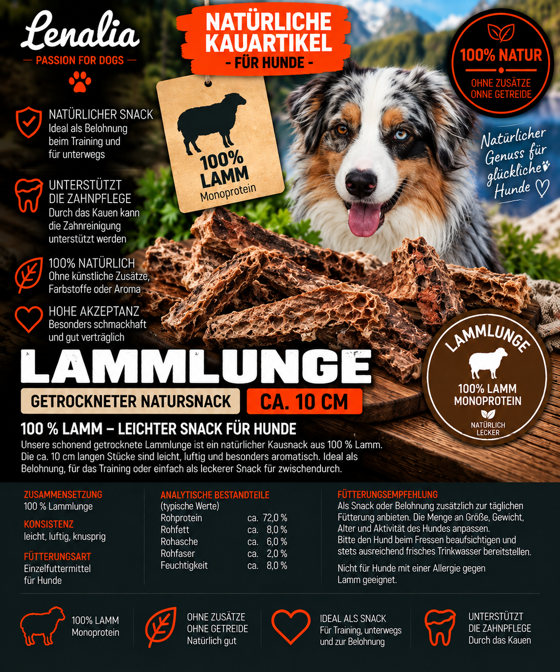 Lammlunge getrocknet ca. 10 cm – leichter natürlicher Hundesnack aus 100 % Lamm