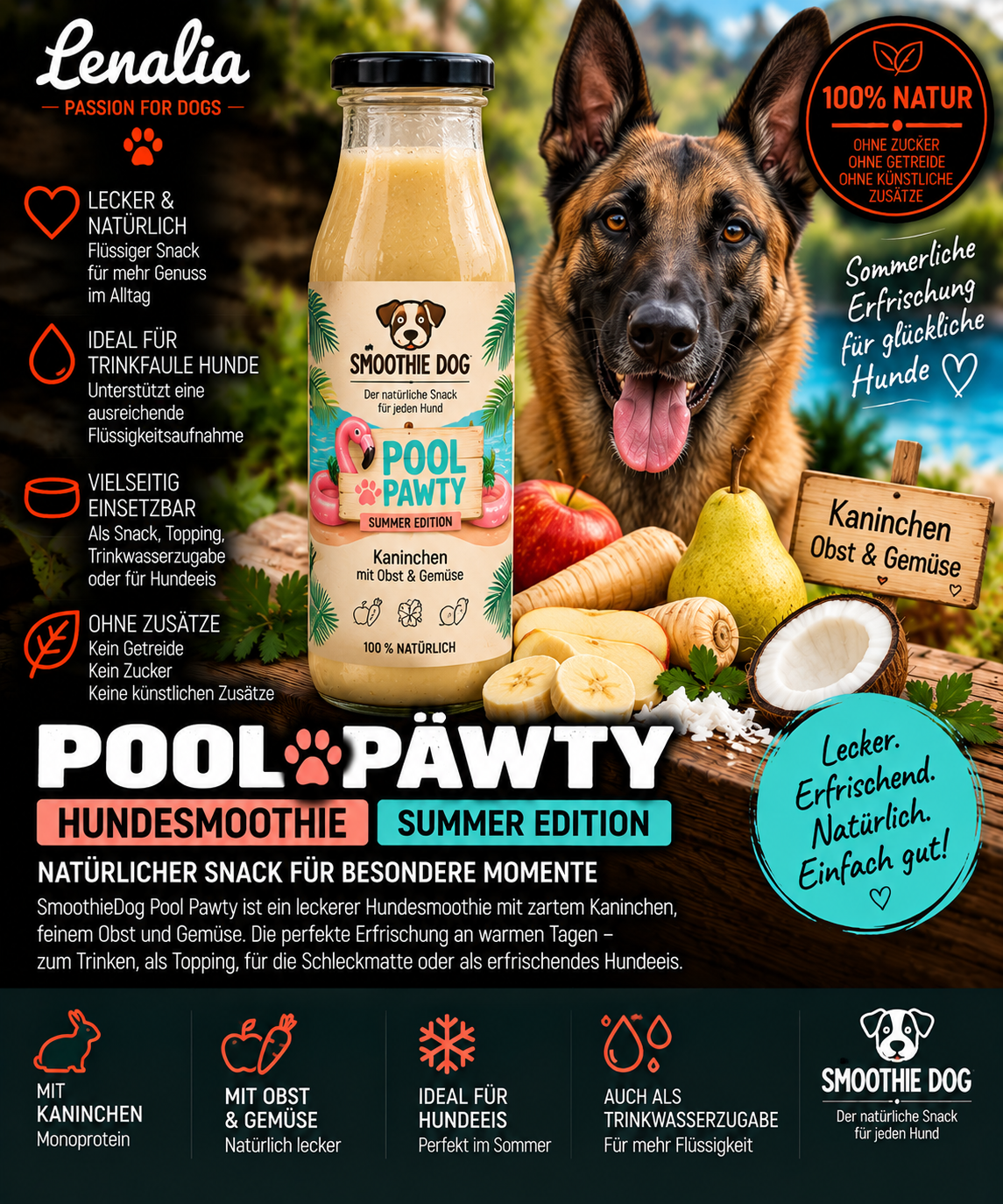 SmoothieDog Pool Pawty – Hundesmoothie mit Kaninchen, Obst & Gemüse 250 ml 1 Flasche