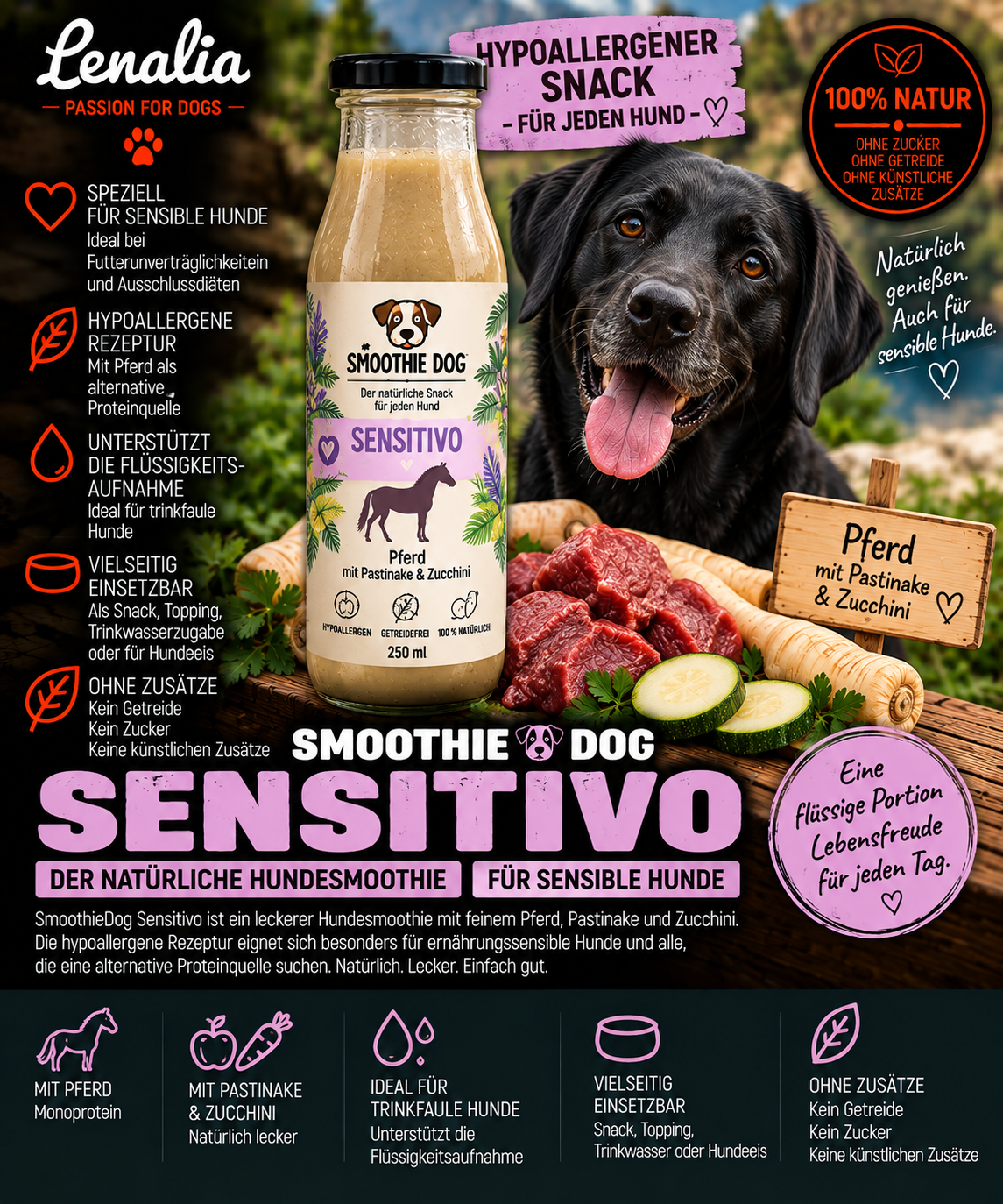 SmoothieDog Sensitivo Pferd – hypoallergener Hundesmoothie 250 ml 1 Flasche