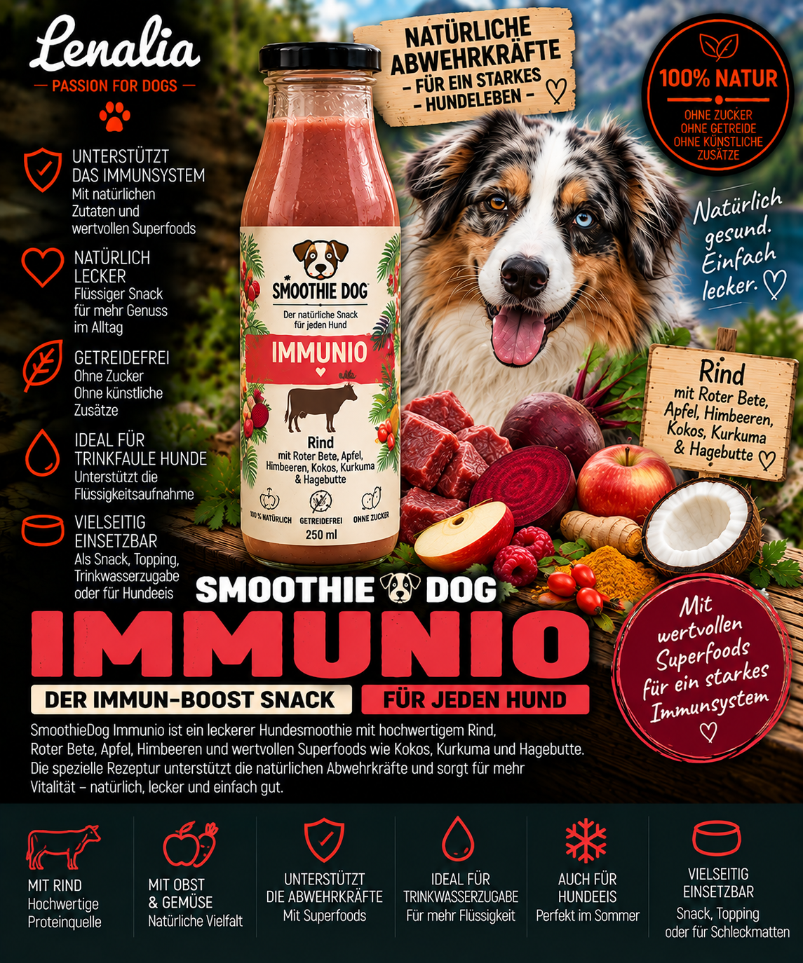 SmoothieDog Immunio Rind – Immun-Boost Hundesmoothie 250 ml  1 Flasche