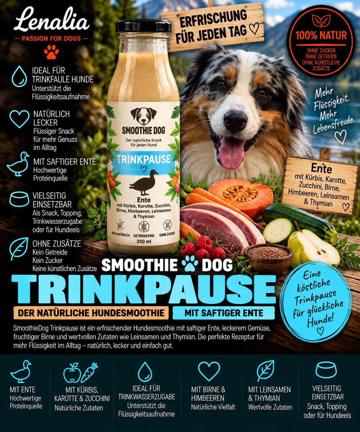 SmoothieDog Trinkpause Ente – erfrischender Hundesmoothie 250 ml  1 Flasche