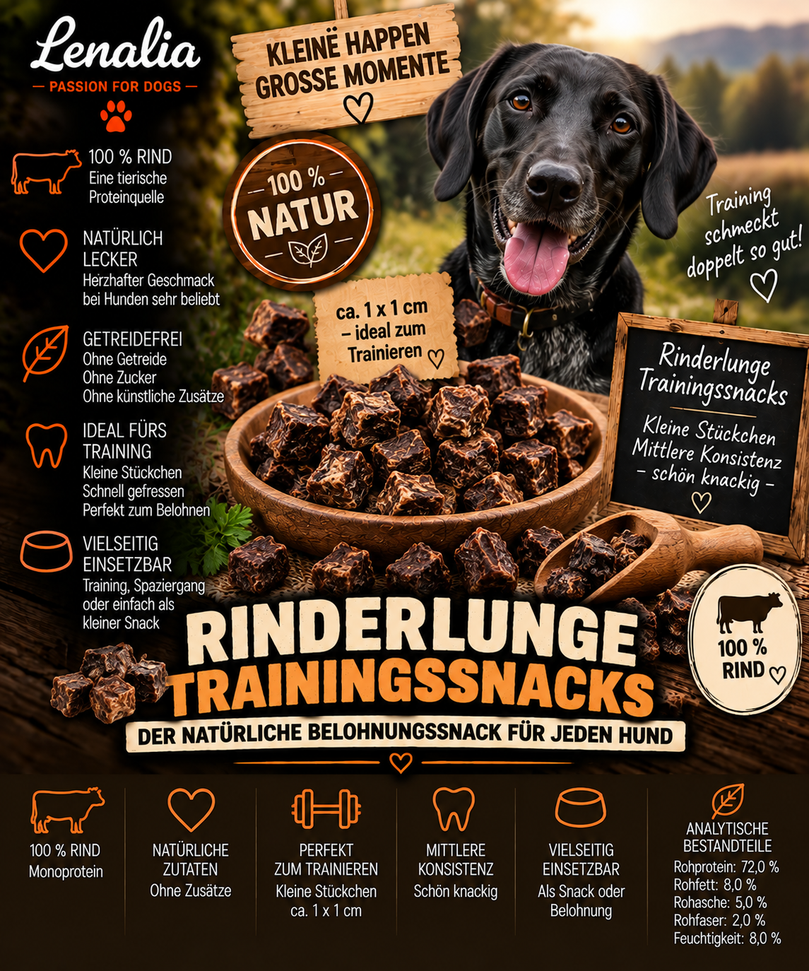 Rinderlunge Trainingssnacks ca. 1 × 1 cm – kleine knackige Trainingshappen aus 100 % Rind