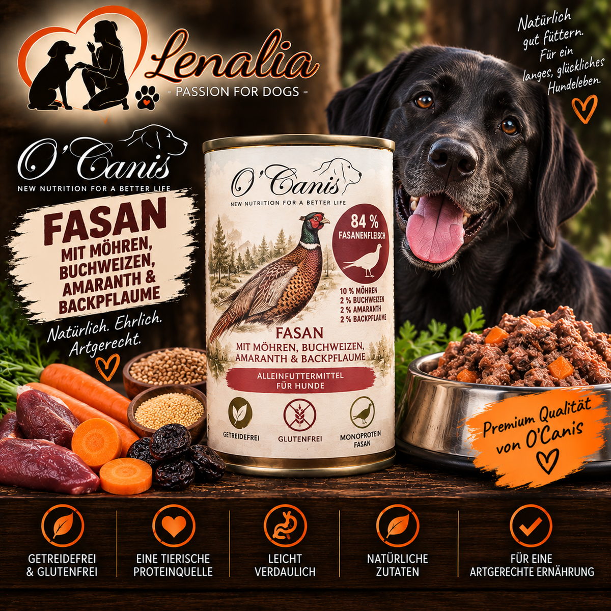 O’Canis Fasan mit Möhren, Buchweizen, Amaranth & Backpflaume – Nassfutter für Hunde