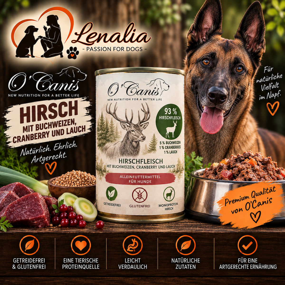 O’Canis Hirsch mit Buchweizen & Cranberry – Nassfutter für Hunde