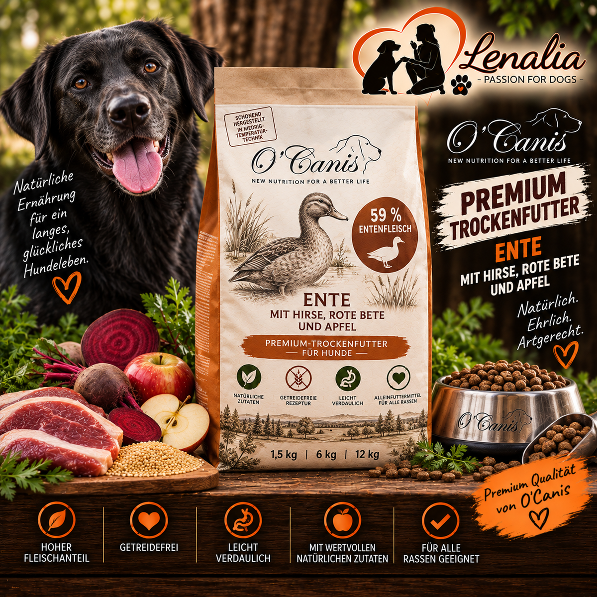 O’Canis Premium Trockenfutter Ente mit Hirse, Rote Bete & Apfel