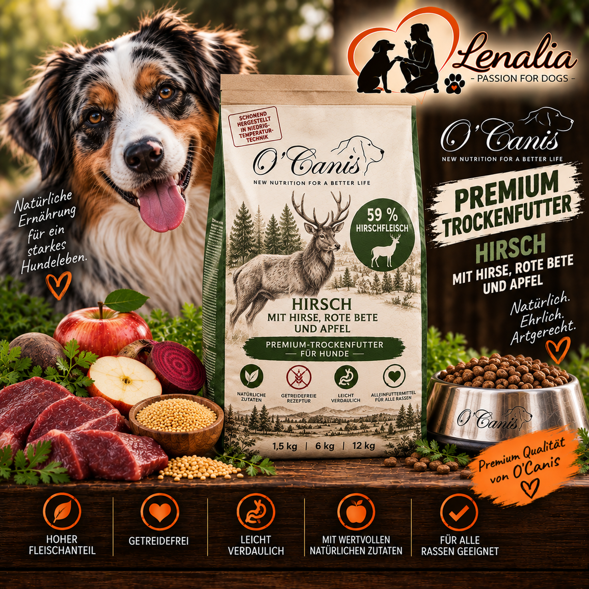 O’Canis Premium Trockenfutter Hirsch mit Hirse, Rote Bete & Apfel