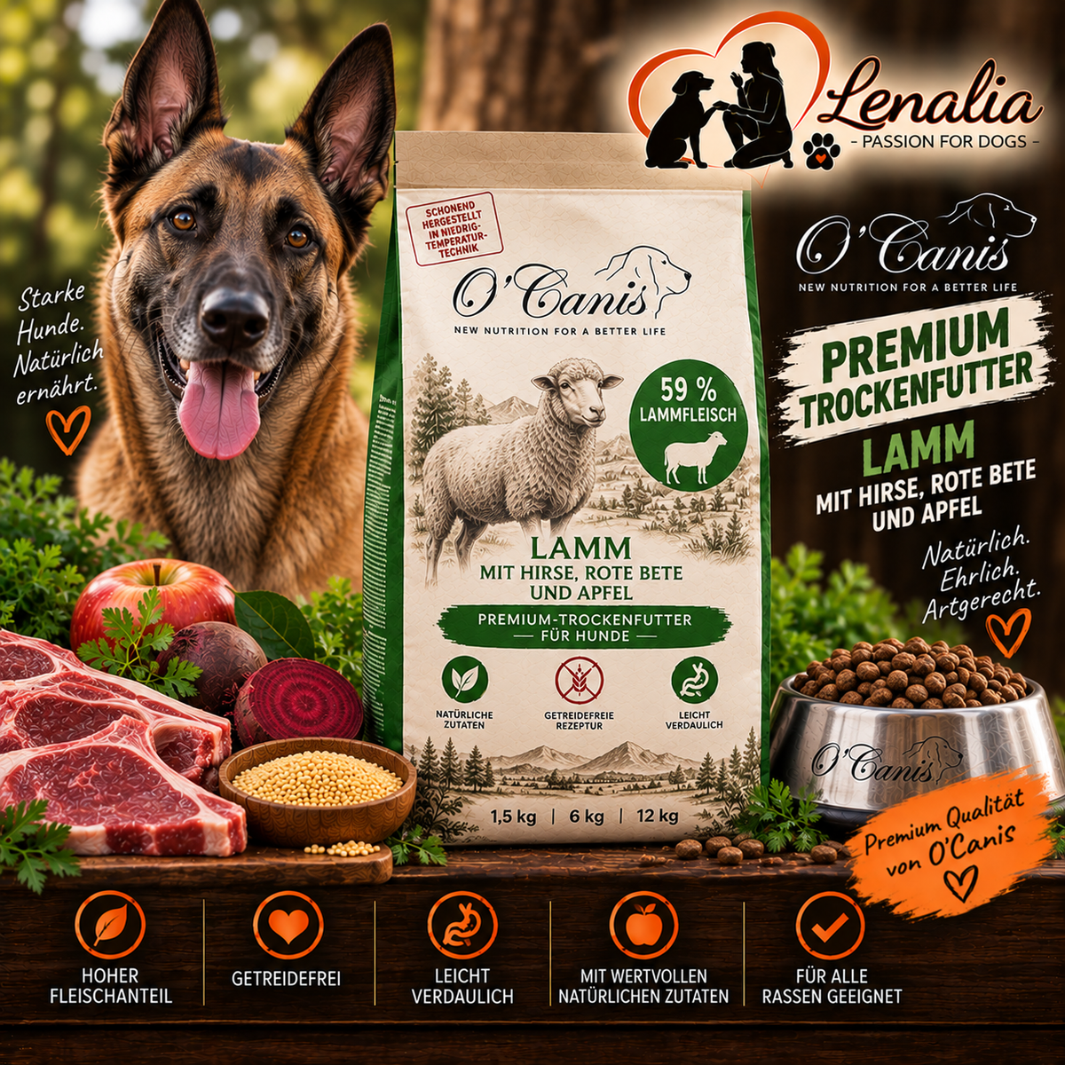 O’Canis Premium Trockenfutter Lamm mit Hirse, Rote Bete & Apfel