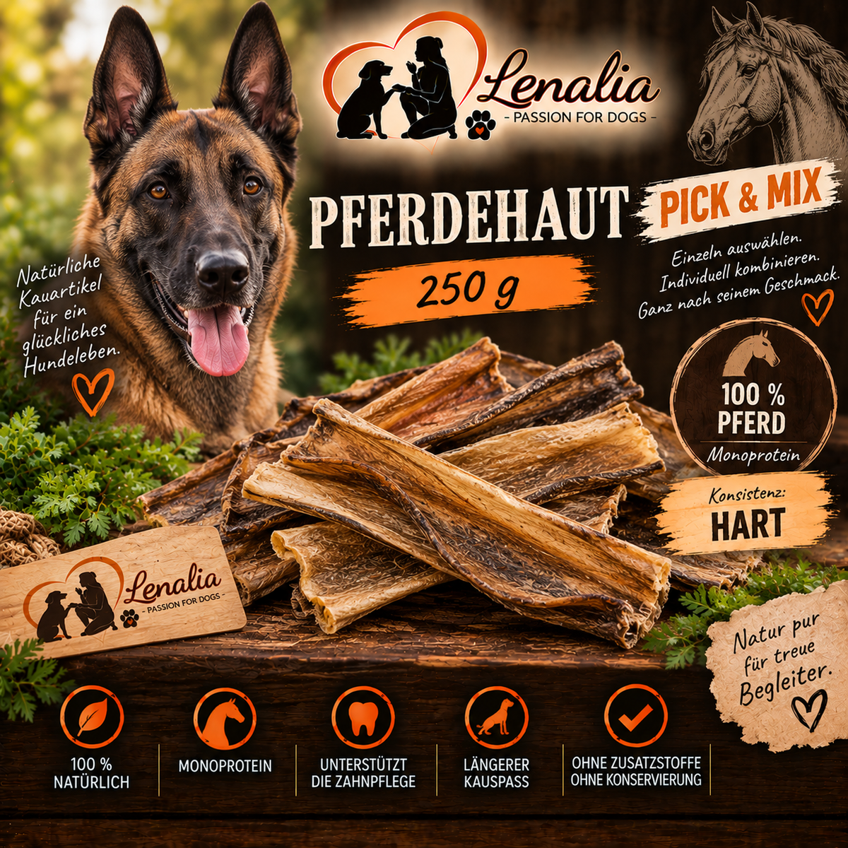 Pferdehaut getrocknet 250 g – harter Kauartikel für Hunde