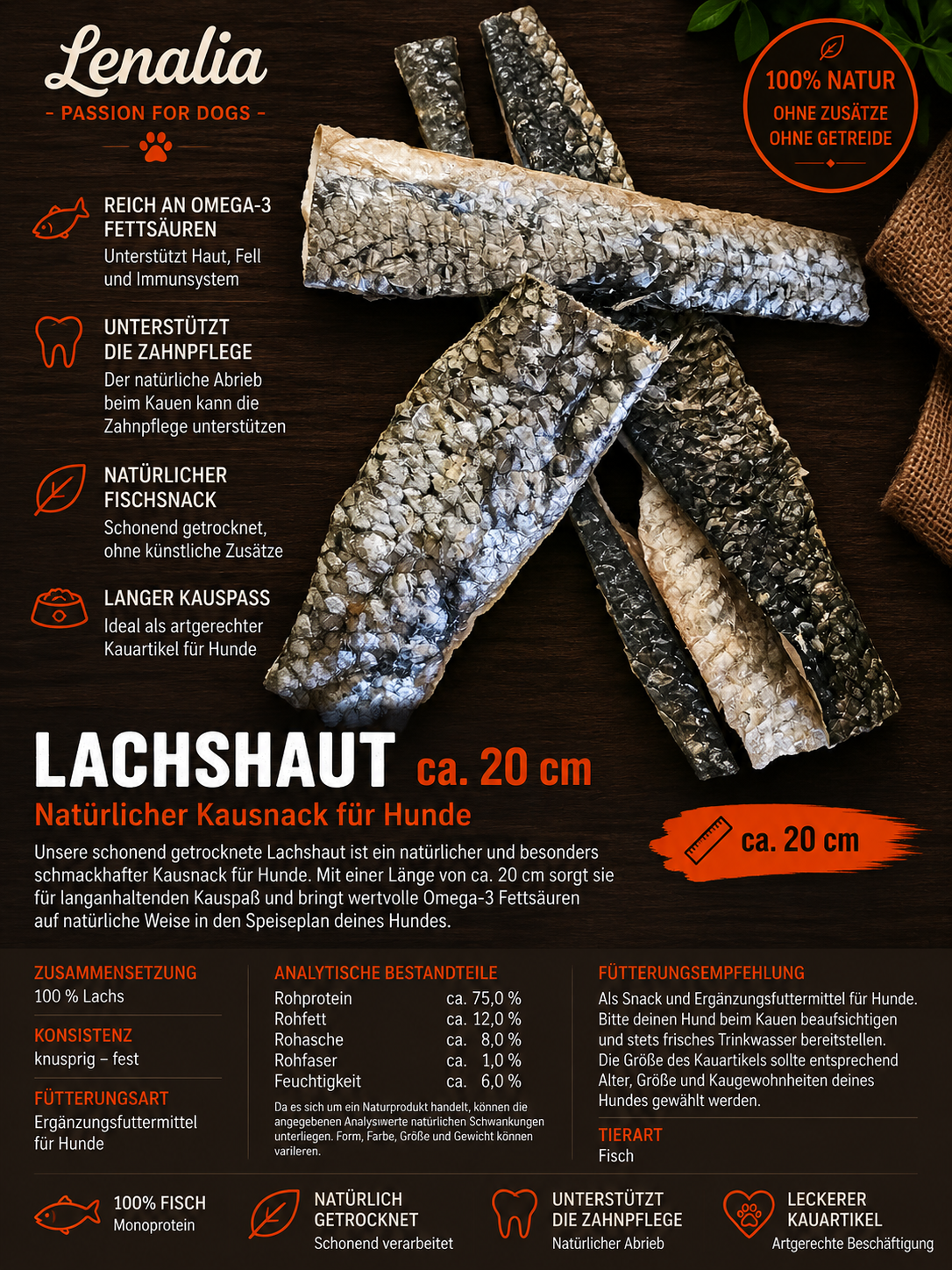Lachshaut ca. 20 cm – natürlicher Fisch-Kauartikel für Hunde
