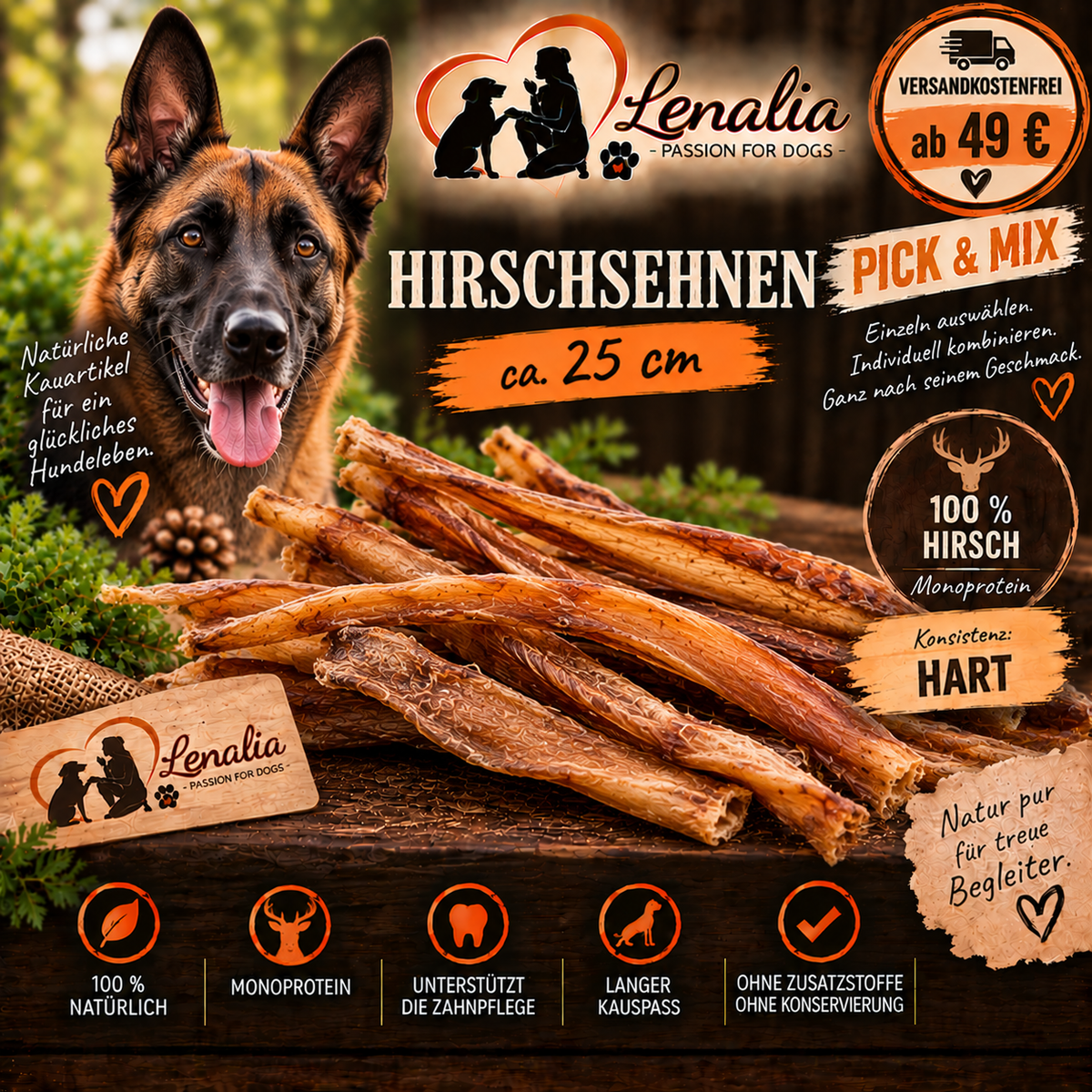 Hirschsehnen ca. 25 cm – harter Kauartikel für Hunde