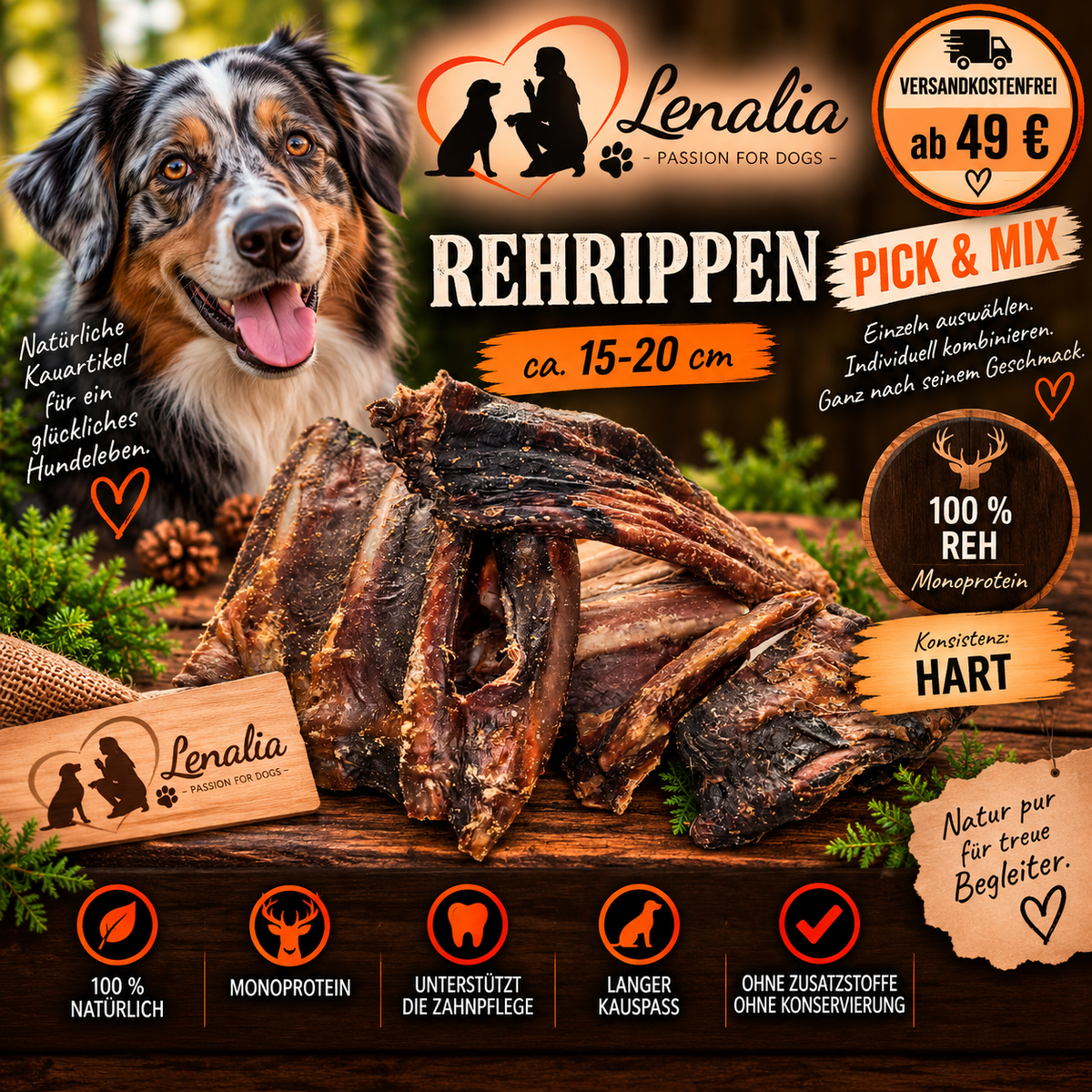 Rehrippen getrocknet – harter Naturkauartikel für Hunde