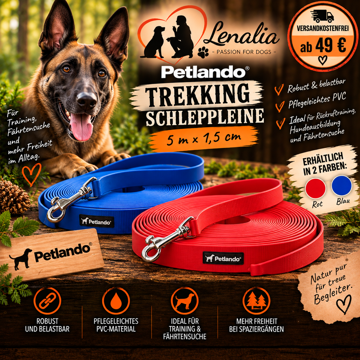 Petlando Trekking Schleppleine 5 m × 15 mm – Rot & Blau