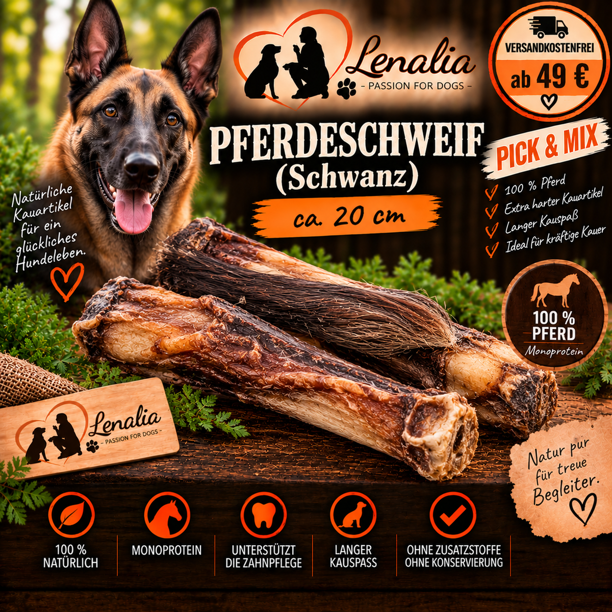 Pferdeschweif (Schwanz) ca. 20 cm – extra harter Kauartikel für Hunde 1 Stück
