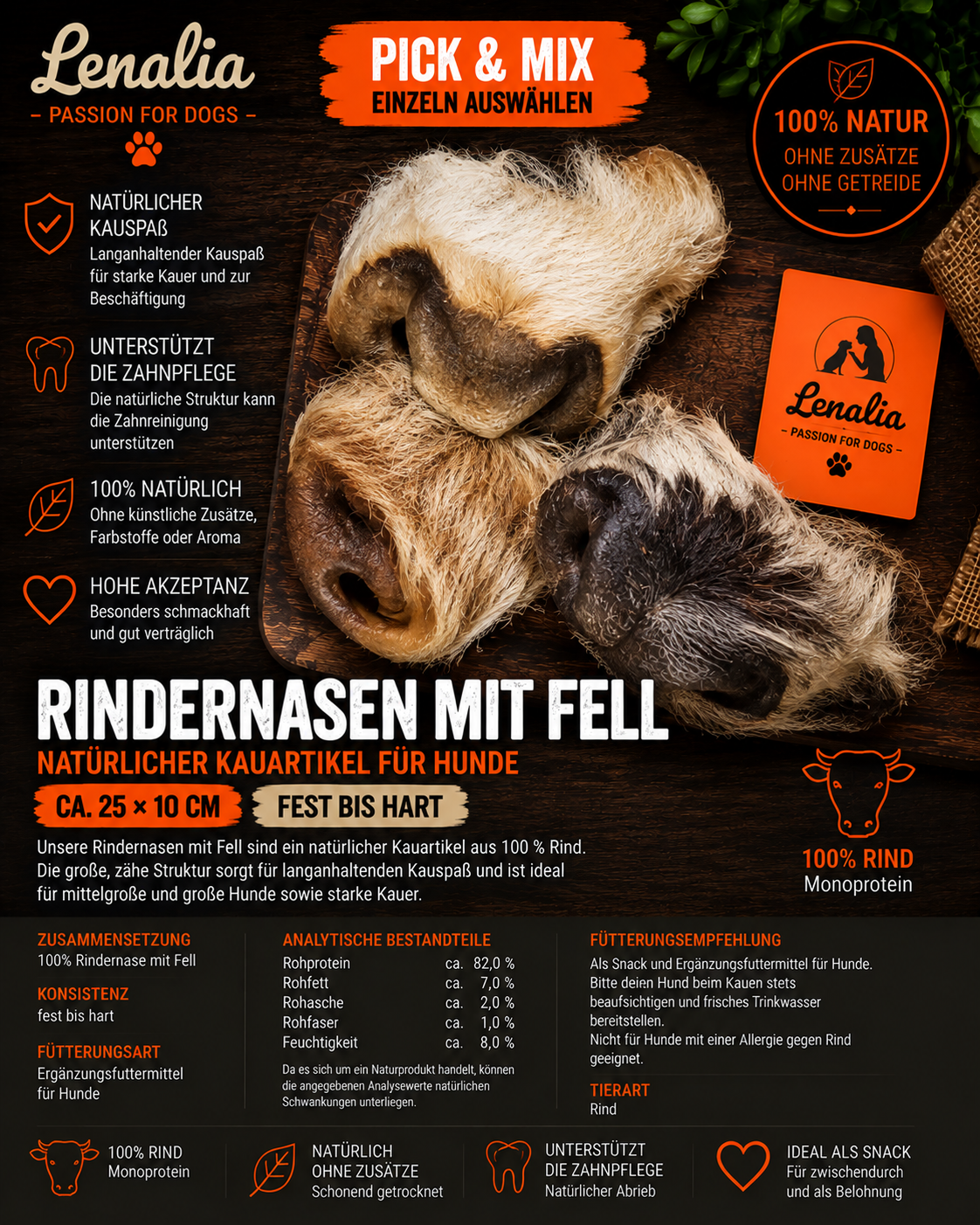 Rindernasen mit Fell ca. 25 × 10 cm – natürlicher Kauartikel für Hunde 1 Stück
