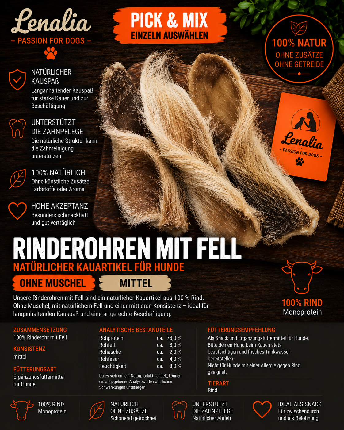 Rinderohren mit Fell – natürlicher Kauartikel für Hunde aus 100 % Rind 1 Stück