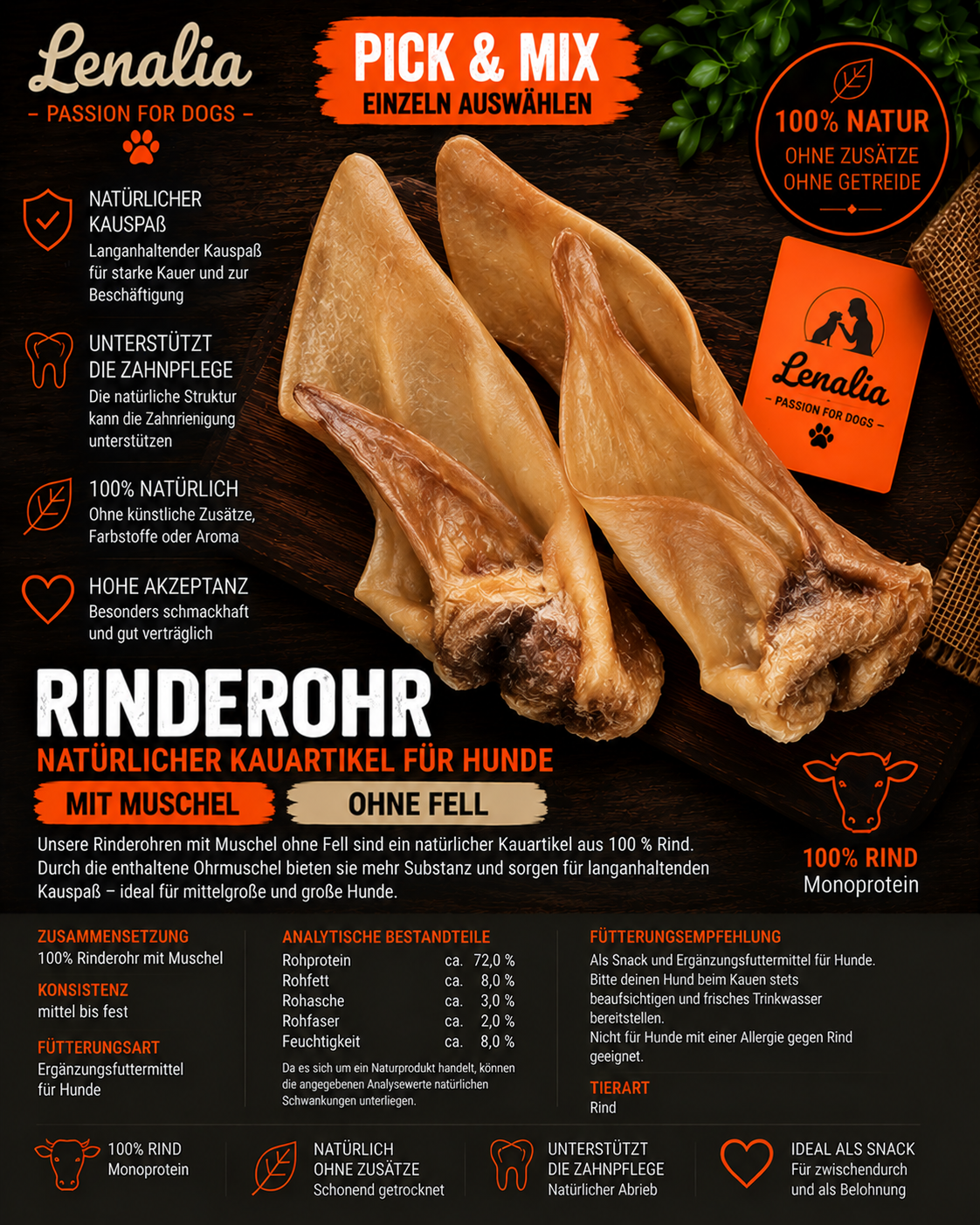 Rinderohr mit Muschel ohne Fell – natürlicher Kauartikel für Hunde 1 Stück