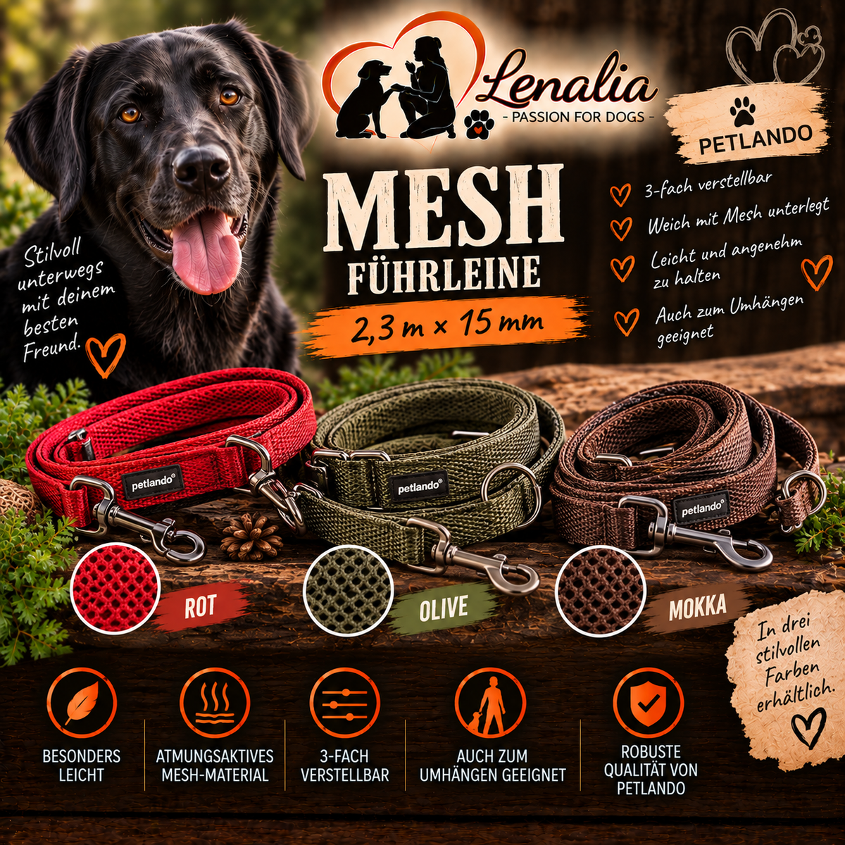 Petlando MESH Führleine 2,3 m × 15 mm – 3-fach verstellbar