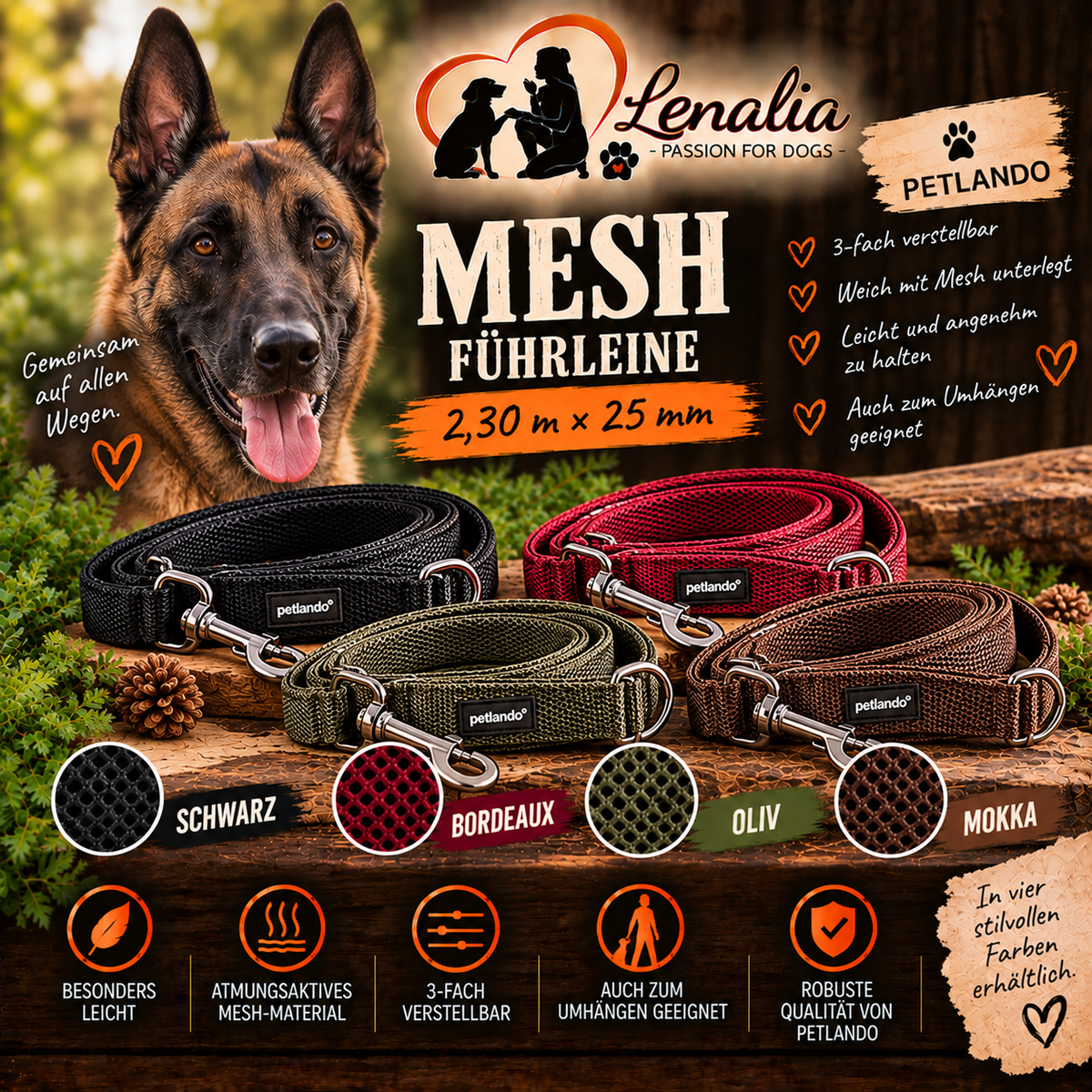 Petlando MESH Führleine 2,30 m × 25 mm – 3-fach verstellbar