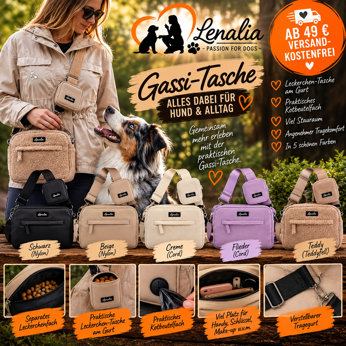 Gassi-Tasche mit Leckerchen- & Kotbeutelfach – Umhängetasche für Hund & Alltag